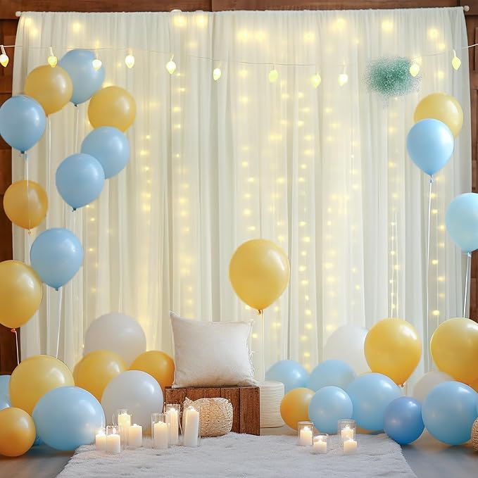 10x8ft Ivory Tulle Backdrop Curtain with Lights String for Parites, Sheer Backdrop Curtains for Wedding Baby Shower Birthday Party Photo Shoot Decorations