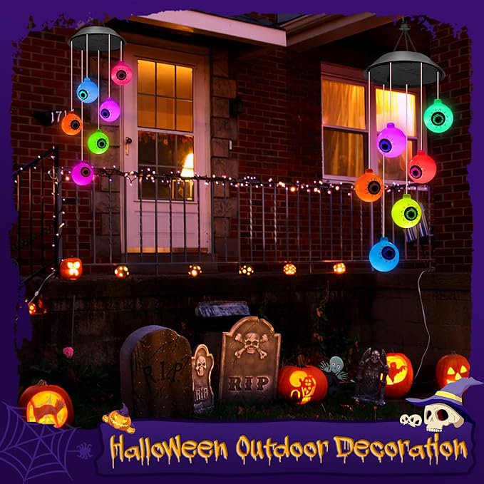 Winzwon Halloween Decorations Outside Solar Outdoor Lights Waterproof Eyeballs Wind Chimes for Party Yard Porch Patio Home Window Indoors Hanging Mobile Decor
