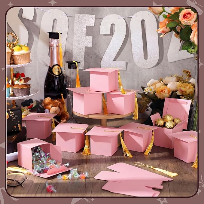 TaoBary 12 Pieces Graduation Candy Box Graduation Decorations Party Gift Boxes Graduate Cap Box Candy Chocolate Cookie Supplies for Ceremony Party(Pink)