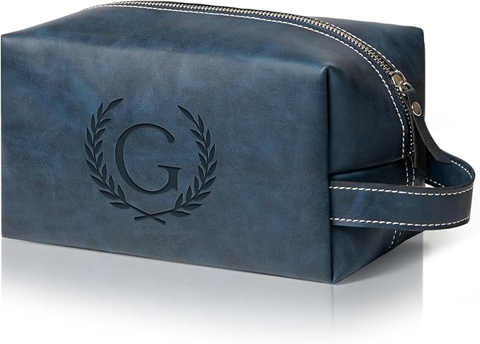 Personalized Gifts Travel Toiletry Bag for Men Engraved Initial PU Leather Waterproof Shaving Bag for Toiletries Accessories Fathers Day Birthday Gift for Men Dad Husband Son, Dark Blue G