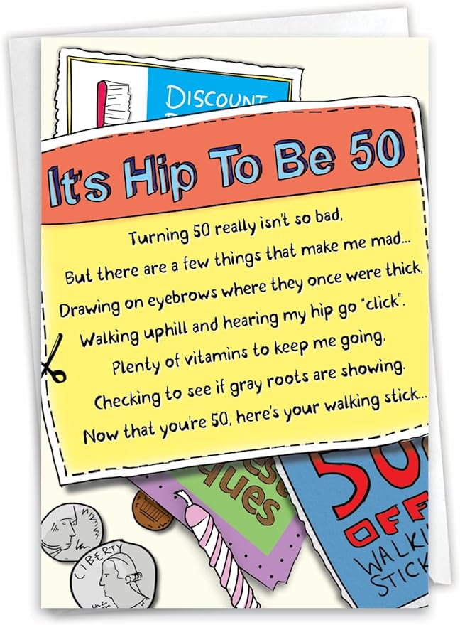 NobleWorks 50th Birthday Greeting Card with 5 x 7 Inch Envelope (1 Card) Bday Hip Click 0909