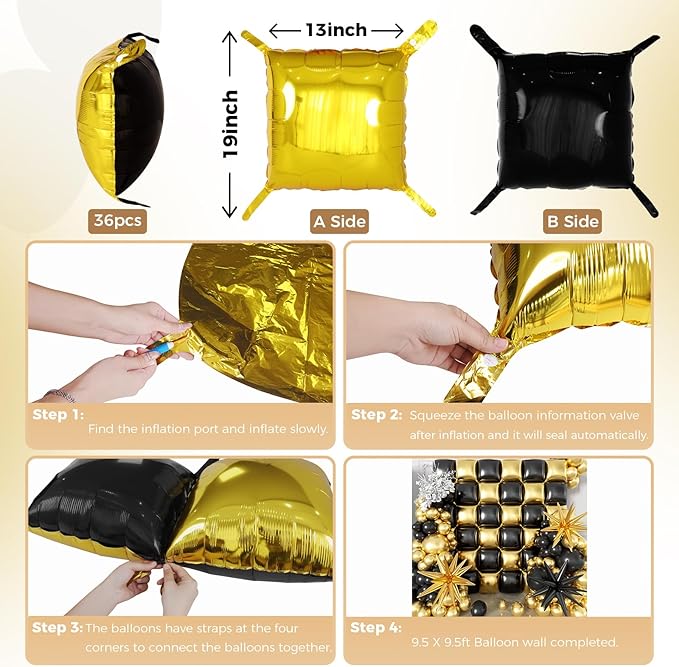 36pcs Gold and Black Square Foil Balloons Wall Backdrop with 147pcs Balloon Garland Arch Kit, Double Sided Balloons for Birthday Bridal Shower Anniversary New Year Graduation Party Decorations