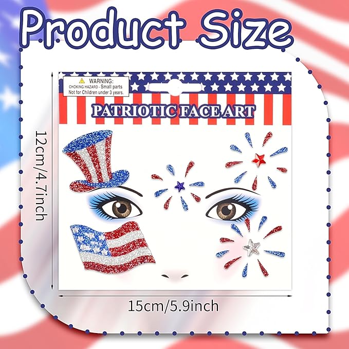 4th of July Face Gems, Fourth of July Celebration Face Jewels, Patriotic Tattoo with USA Flag Stars Designs, Sparkle Glitter Red Blue Silver for Independence Day, Parades, Parties 2 Sheets (style2)