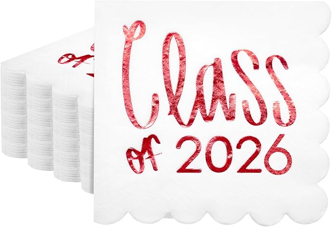 100 Pcs Class of 2026 Graduation Cocktail Napkins 5 x 5 Inch Congrats Grad Scalloped Paper Napkins for Dinner Beverage Graduate Decorations(Red)