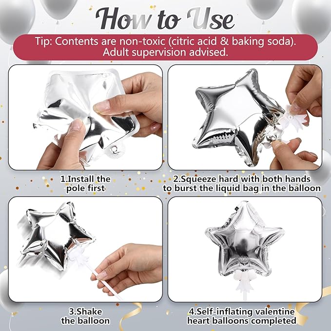 30 Pcs Star Self Inflatable Balloons with Bow Stems Star Foil Balloons Mini Pentagram Decoration for Patriotic Independence Day Graduation Birthday Baby Shower Anniversary(Silver,4 Inches)