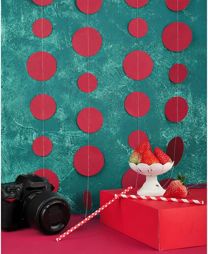 Burgundy Paper Garland Circle Dot Party Banner Wall Streamers Backdrop Ceiling Hanging Decorations, 20 Feet in Total