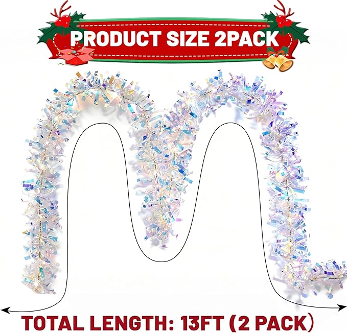 LAWOHO 2 Pack 6.5FT Christmas Tinsel Garland with Lights, Shiny Iridescent Foil Garland for Valentines Day, Christmas Tree, Wedding Birthday Party, New Year Holiday, Indoor Outdoor Hanging Home Decor