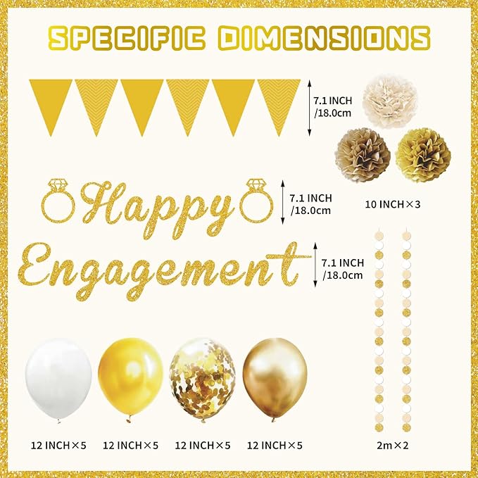 Engagement Party Decorations Set - Complete Kit with Gold “Engaged” Banner, Garland, 20 Balloons & 6 Pom Poms for Proposal & Engagement Celebration DecorComplete (Gold)