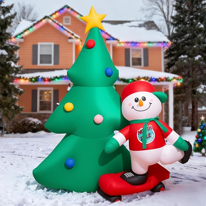 7 FT Christmas Tree Inflatables Outdoor Decortaion, Large Blow Up Christmas Tree with Scooter Boy Snowman, Light Up Inflatable Christmas Decoration for Yard Lawn, Garden, Party