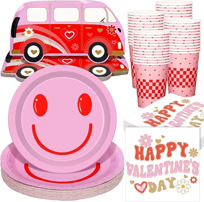 Zhehao 96 Pcs Groovy Valentine's Day Party Supplies Set for 24 Guests Pink Smile Face Plates 9 oz Cups Napkins Pink and Red Groovy Hippie Valentine's Day Party Decorations