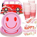 Zhehao 96 Pcs Groovy Valentine's Day Party Supplies Set for 24 Guests Pink Smile Face Plates 9 oz Cups Napkins Pink and Red Groovy Hippie Valentine's Day Party Decorations