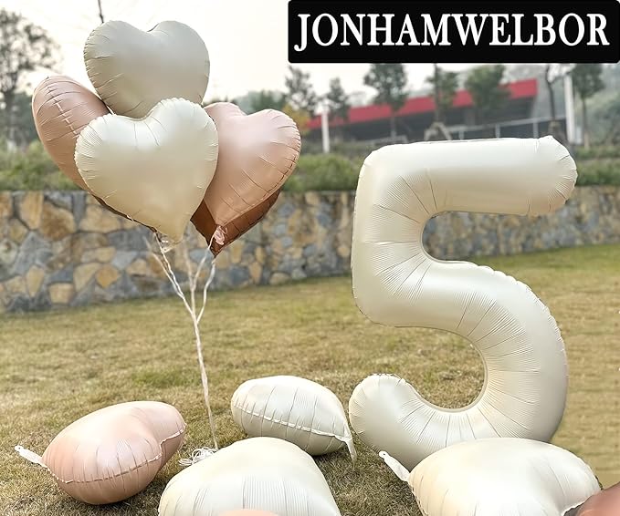 Jonhamwelbor 40 inch Number 5 Balloon Cream White Large Big Foil Helium Mylar Number Balloons with Heart Balloons for Girl Boy five Year Old 5th Birthday Party Decoration (40 inch Cream 5)