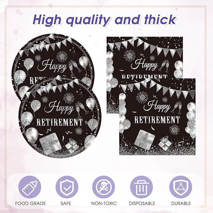41PCS Happy Retirement Party Decorations for Men and Women,Black Silver Happy Retirement Paper Plates Napkins and Tablecloth Disposable Dinnerware for Farewell Going Away Table Decor Party Supplies