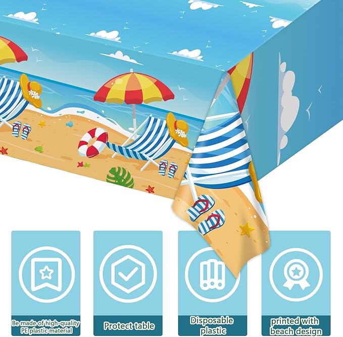 Tevxj 3 Pieces Summer Beach Tablecloths for Hawaiian Decorations Plastic Disposable Pool Surfboard Party Table Covers for Rectangle Tables Birthday Baby Shower Party Supplies Favors, 54 x 108 Inches
