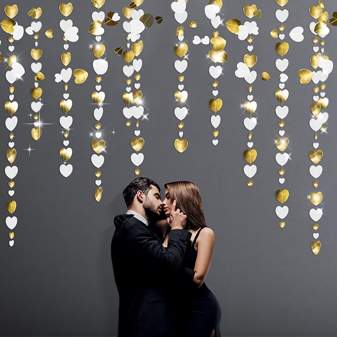GCQQ White Gold Heart Garlands - 52Ft Glitter Valentines Day Decorations 4 Packs Paper Heart Hanging Streamers Garland for Valentine's Day Party Decoration Wedding Birthday Bridal Shower Decor