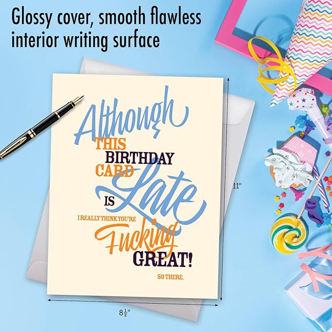 NobleWorks - 1 Jumbo Belated Happy Birthday Card (8.5 x 11 Inch) - Big Humor Stationery for Birthdays - Late Card J7348BEG
