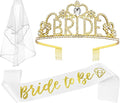 JETKONG 3 Pcs Bachelorette Party Decorations BRIDE Crown, Bride to Be Sash&Veil for Women Bachelorette Party Gifts, Bridal Shower Supplies, Gifts, Favors (Gold)