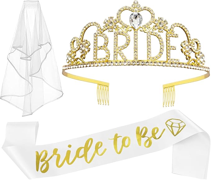 JETKONG 3 Pcs Bachelorette Party Decorations BRIDE Crown, Bride to Be Sash&Veil for Women Bachelorette Party Gifts, Bridal Shower Supplies, Gifts, Favors (Gold)