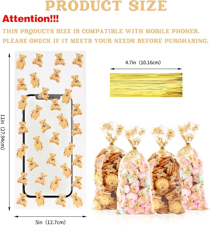 Docvania Clear Bear Cellophane Treat Bags Plastic Gift Bag 100 pcs 5 X 11 Clear Bear Cookie Bags with Ties Goodie Candy Bag Suitable for Mother's Day, Valentine's Day, and Holiday Parties