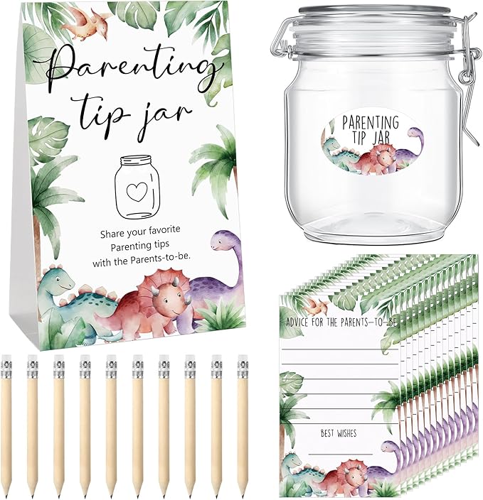 Roowest Baby Shower to Baby Advice Cards for New Parents to Be - Tip Jar Sign for New Parents 60 Parenting Advice Cards 10 HB Pencils 2 Cute Stickers 1 Pet Bottle for Guests Games(Dinosaur)