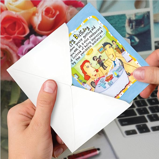 NobleWorks - 1 Funny Birthday Card for Women, Wife - Happy Bday Cartoon, Woman Notecard w/Envelope - Nice Restaurant C3336BDG