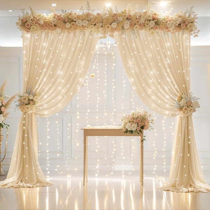 10x10ft Champagne Backdrop Curtain with Lights String for Wedding Sheer Tulle Chiffon Curtain Photo Backdrops Drapes for Baby Shower Birthday Party Home Ceremony Decorations