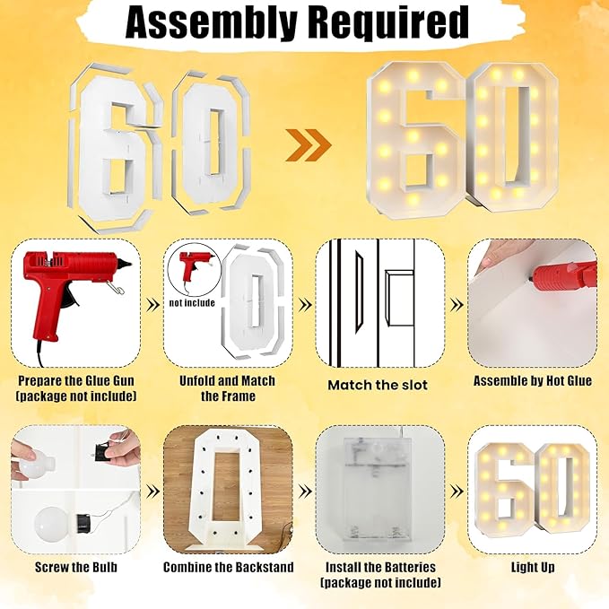 Marquee 4ft Numbers with Light up Number 60 White Mosaic Frame Slots-in Letter 60 for 60th Birthday Party Decorations Pre-Cut Cardboard Large Giant Cut-Out Thick Foam Board Sign Anniversary