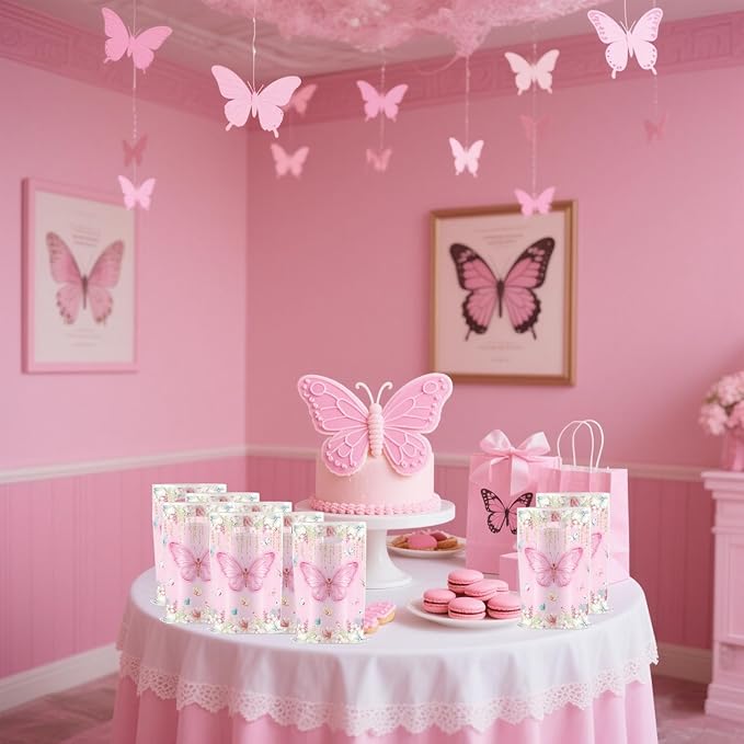YYaaloa 30pcs Pink Goodie Bags Party Favor Plastic Candy Gift Bags Bulk for Birthday Baby shower Return Gift (Butterfly B 30pcs)