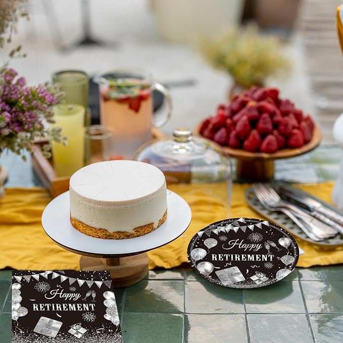 40PCS Happy Retirement Party Decorations Men Women,Black Silver Disposable Tableware Set Including Retirement Plates and Napkins for Women Men,Going Away Decor