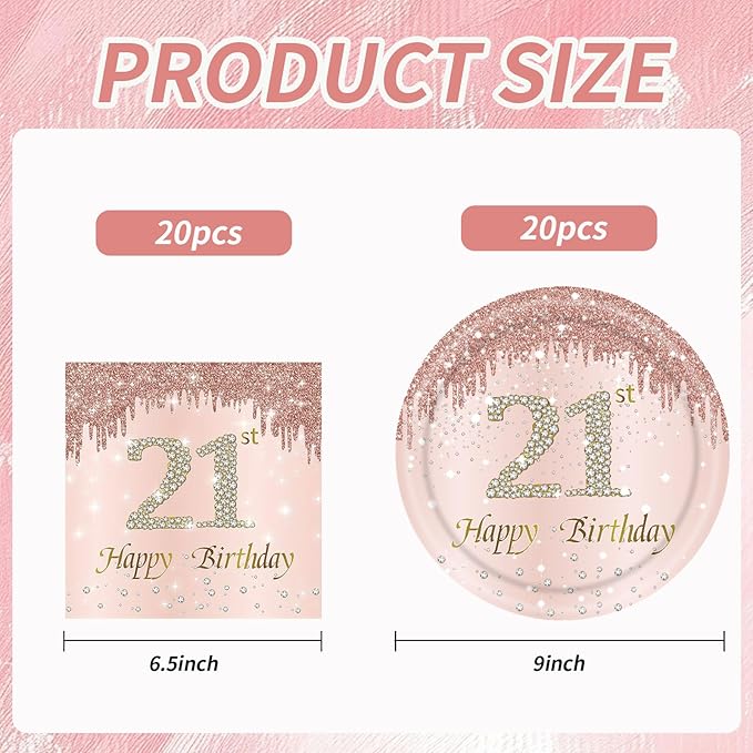 21st Rose Gold Birthday Plates and Napkins, 9 Inch Pink Rose Gold Disposable Dinner Dessert Plates Happy 21th Birthday Party Supplies Decorations for Girls Women