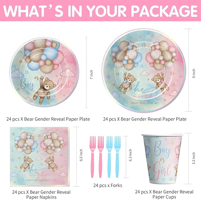 Bear Gender Reveal Decorations Party Tableware - Bear Boy Or Girl Gender Reveal Supplies, Paper Plate, Cup, Napkin, Disposable Fork, He Or She Gender Reveal Table Decorations | Serve 24