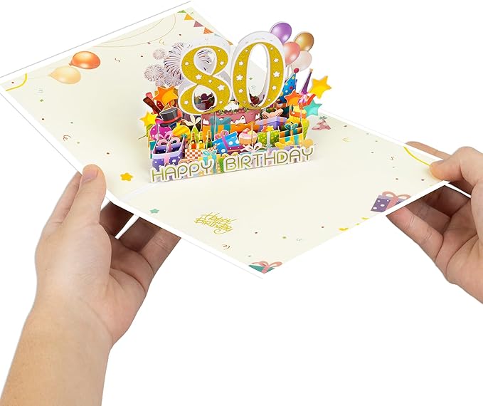 80 Years 0ld Firework Pop Up Happy Birthday Greeting Card, ideal love Gift for Adult and Kid with Blank Note & Envelope, Foldable Celebration for Daughter, Son, Mom, Dad, Friend, Children