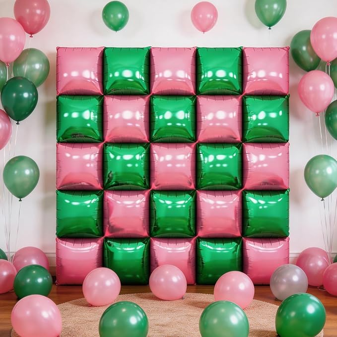 Pink Green Square Foil Balloon Wall,25Pcs Double Sided Foil Balloons Backdrop Helium Tunnel Arch Garland Kit for Girls Witch Themed Birthday Baby Shower Anniversary Party Decorations