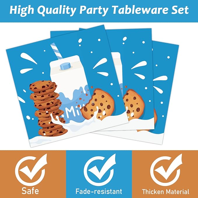 96 Pcs Milk and Cookies Party Paper Plates and Napkins Bundle Chocolate Chip Cookies and Milk Drinks Party Birthday Decorations Plates Napkins Forks for Party Favors 24 Guests