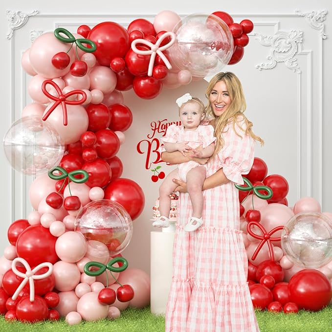 JOGAMS Cherry Balloon Arch Kit,184Pcs Red and Pink Balloon Arch Kit with 260 Long Clear Balloons for Cherry On Top Baby Shower Birthday Bridal Shower Wedding Valentine's Galentine's Day