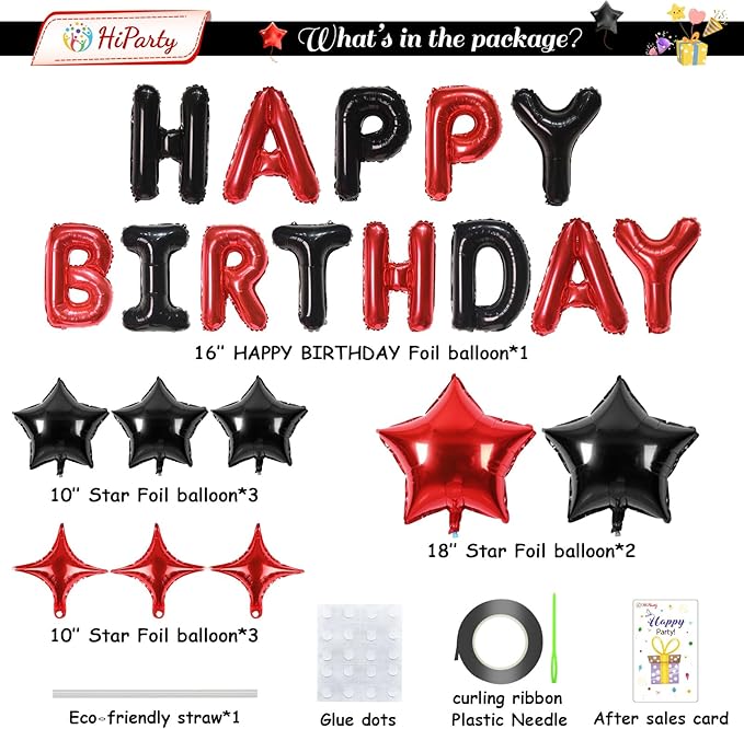 3D Mylar Foil Happy Birthday Banner, 26pcs Party Decorations With 8pcs Star Balloons for Men Women Adults, Ecofriendly Supplies, Black Red