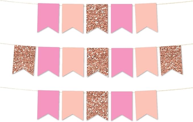 Andaz Press Hanging Pennant Banner with String, Faux Rose Gold Glitter, Peach, Pink, 1-Set, 24 Pennants, Approx. 12-Feet Long, Girl's 1st Birthday Baptism Communion Theme Colored Supplies