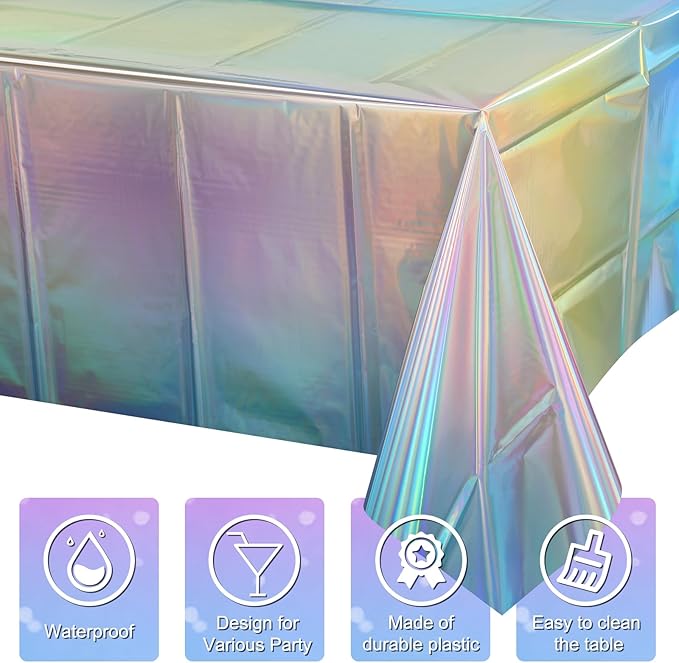 3 Pack Iridescent Pastel Plastic Tablecloth, Shiny Disposable Laser Rectangle Table Covers, Holographic Foil Tablecloth Iridescent Party Decorations for Spring Easter Baby Shower Birthday, 54x108Inch