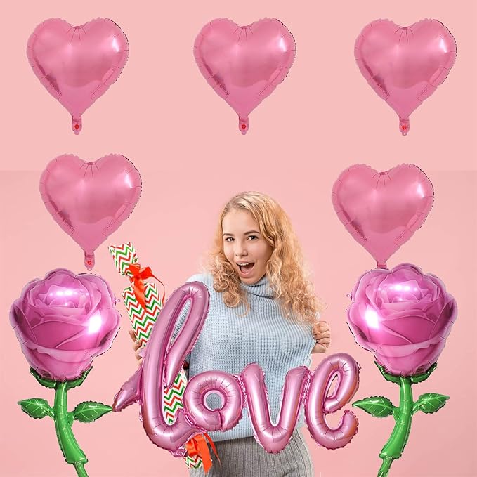 Pink Love Balloons Pink Heart Balloons and Pink Rose Balloons Valentine Balloons Valentine Party Balloons for Valentine Day Decoration Anniversary Party Decorations Theme Supplies Balloo