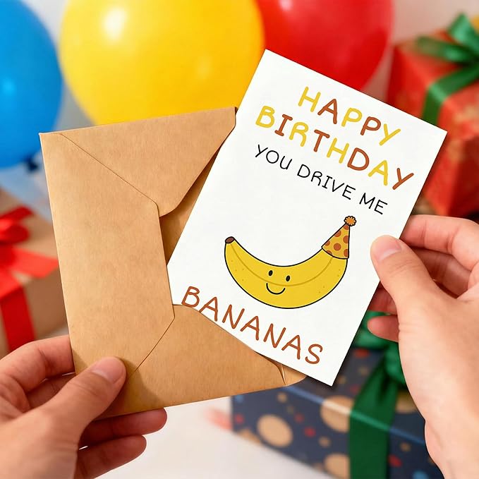 KINGNAME Funny Banana Pun Birthday Card, Cute Fruit Cartoon Card for Him Her, You Drive Me Bananas Love Greeting Card