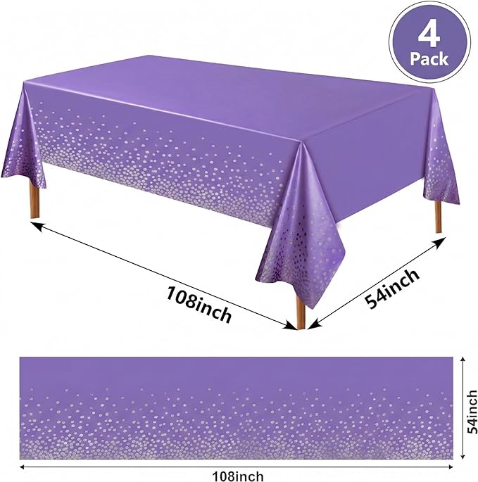 Purple Plastic Tablecloth, 4-Pack Disposable Table Cloth, 104x179 Inch, Suitable for Birthday, Graduation, Wedding, Banquet