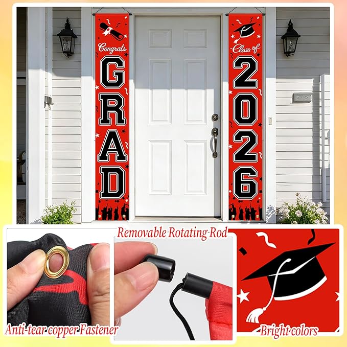 WOHOHOHO 23Pcs Graduation Decorations 2026 Set, Red Porch Door Sign GRAD Banner, Class of 2026 Backdrop, 5 Colors Large Balloons, Hanging Party Supplies for High School College Indoor Outdoor Decor
