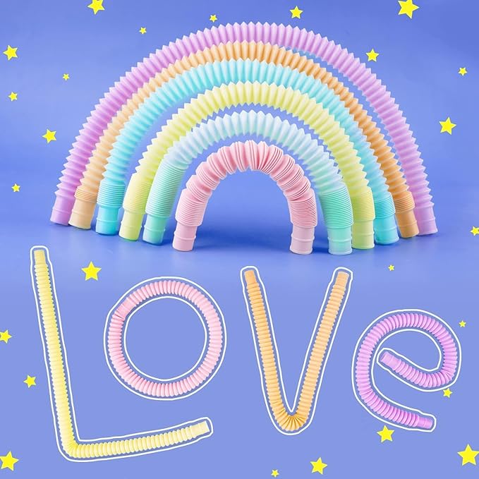 24 Pcs Easter Basket Stuffer Pop Tubes, Sensory Fidget Toys Party Favors for Kids 8-12, Classroom Prizes Gifts Anxiety Goodie Bag Travel Toys for Car Airplane, 12 Pcs Large & 12 Pcs Medium