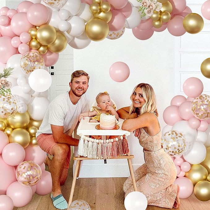 Pink and White Balloon Arch Kit, 138 Pcs Pink and Gold Balloon Garland Arch Kit Include Pastel Pink White Gold Confetti Balloons for Birthday Baby Shower Wedding Bridal Shower Party Decorations