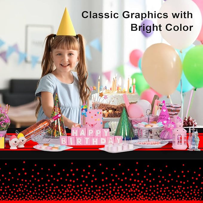 4 Pack Black and Red Tablecloth Party Decorations Plastic Black Tablecloth Printed Red Table Runner 54 x108 Inch Disposable Rectangle Table Cover for Birthday Wedding Graduation Anniversary
