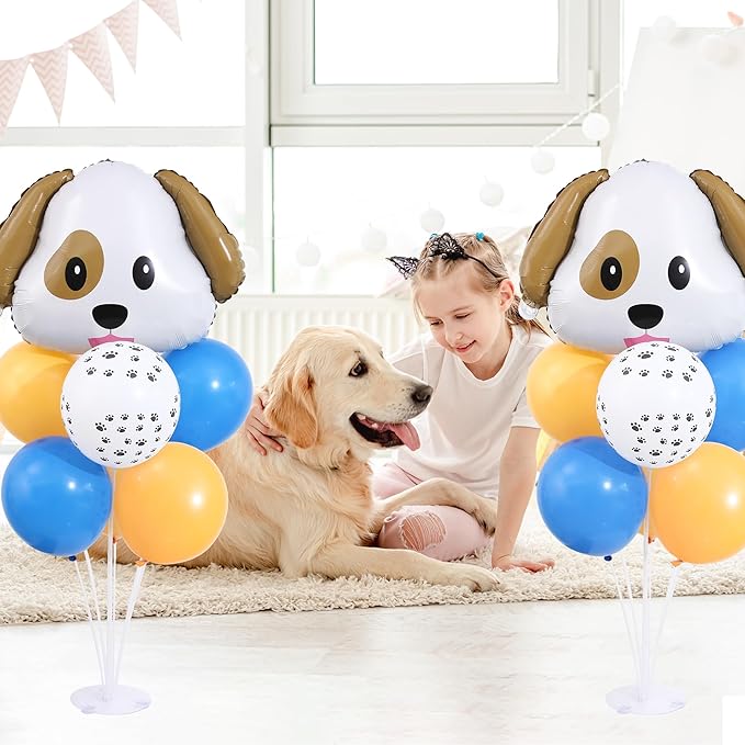 Dog Emoticon Balloon Table Centerpiece Stand Kit 2 Sets for Table with 2 PCS Dog Head Foil Balloons, 14 PCS Paw Print Yellow Blue Latex Balloons for Puppy Birthday, Doggy Party Decorations Supplies