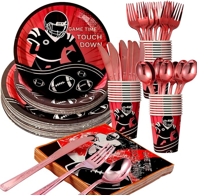 175 Piece Rugby Themed Disposable Plate and Napkin Set, Rugby Party Supplies Tableware Set, Sports Birthday Decorations, Children's Party Supplies (25 Guests)