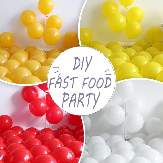Fast Food Hot Dog Party Decorations 140PCS Red Yellow Balloon Garland Acrh Kit with Hamburger French Fries and Hot Dog Foil Balloon for Junk Fast Food Picnic Themed Birthday Baby Shower Party Supplies