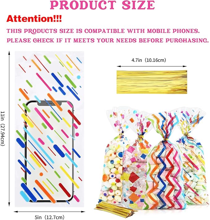 Docvania Cello Cellophane Treat Gift Bags Rainbow Cookie Bags 100 pcs 5 X 11 Goodie Bag with Ties for Mother's Day, Valentine's Day and Parties, Weddings