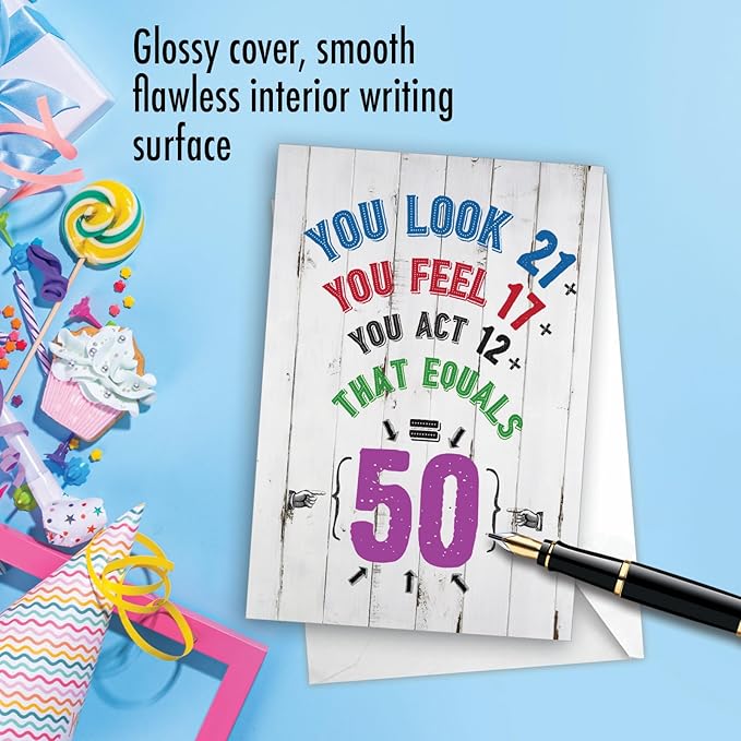 NobleWorks - 50th Funny Milestone Birthday for Men and Women, Celebrate and Congrats Notecard with Envelope - Age Equation 50 Birthday C7195MBG